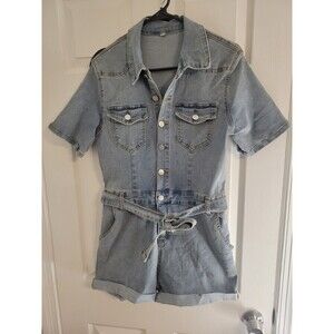 Shein Flap Pocket Denim Belted Romper Short Sleeve Light Wash Size L